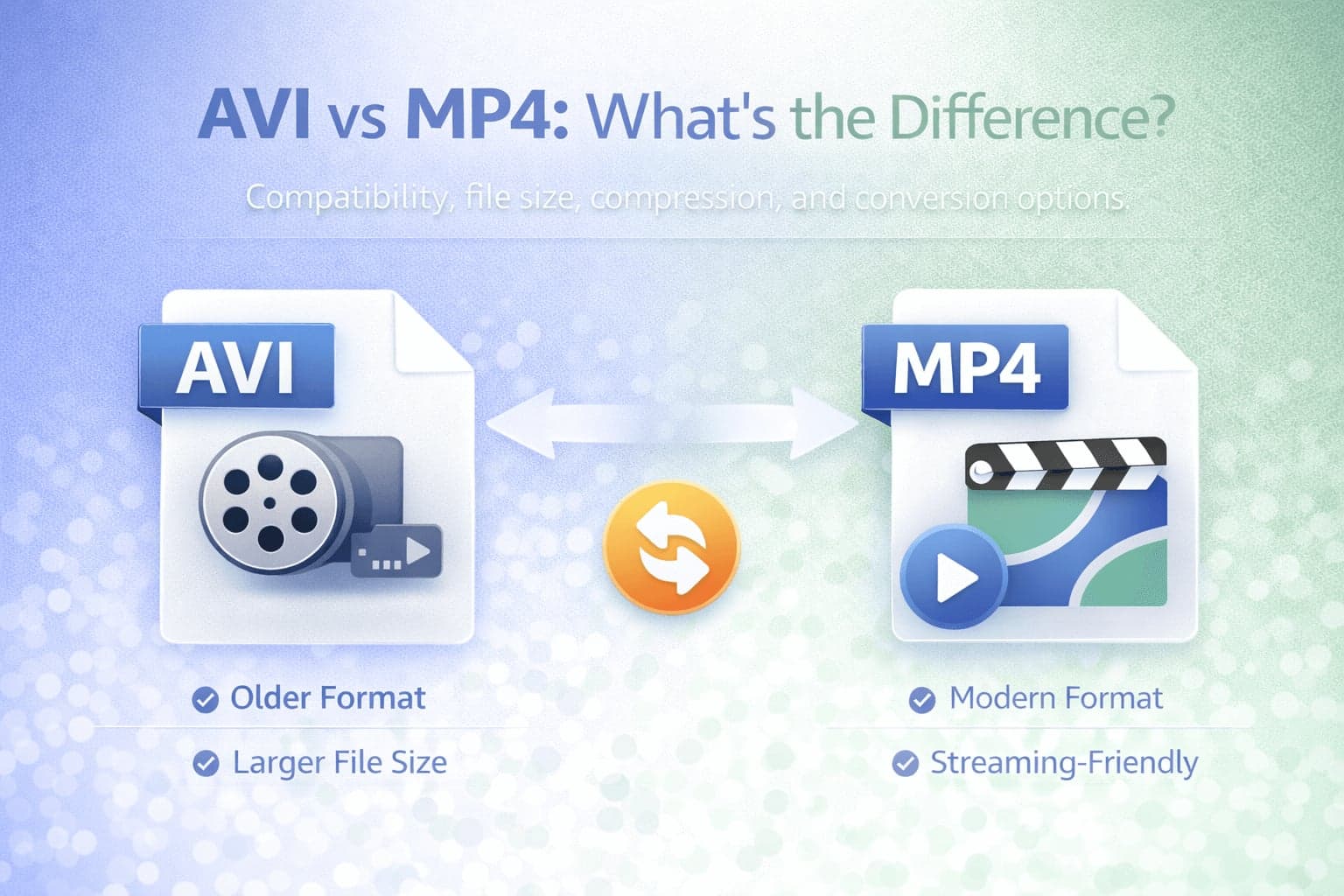 AVI vs MP4 comparison banner showing differences in file size, compression, and streaming compatibility.