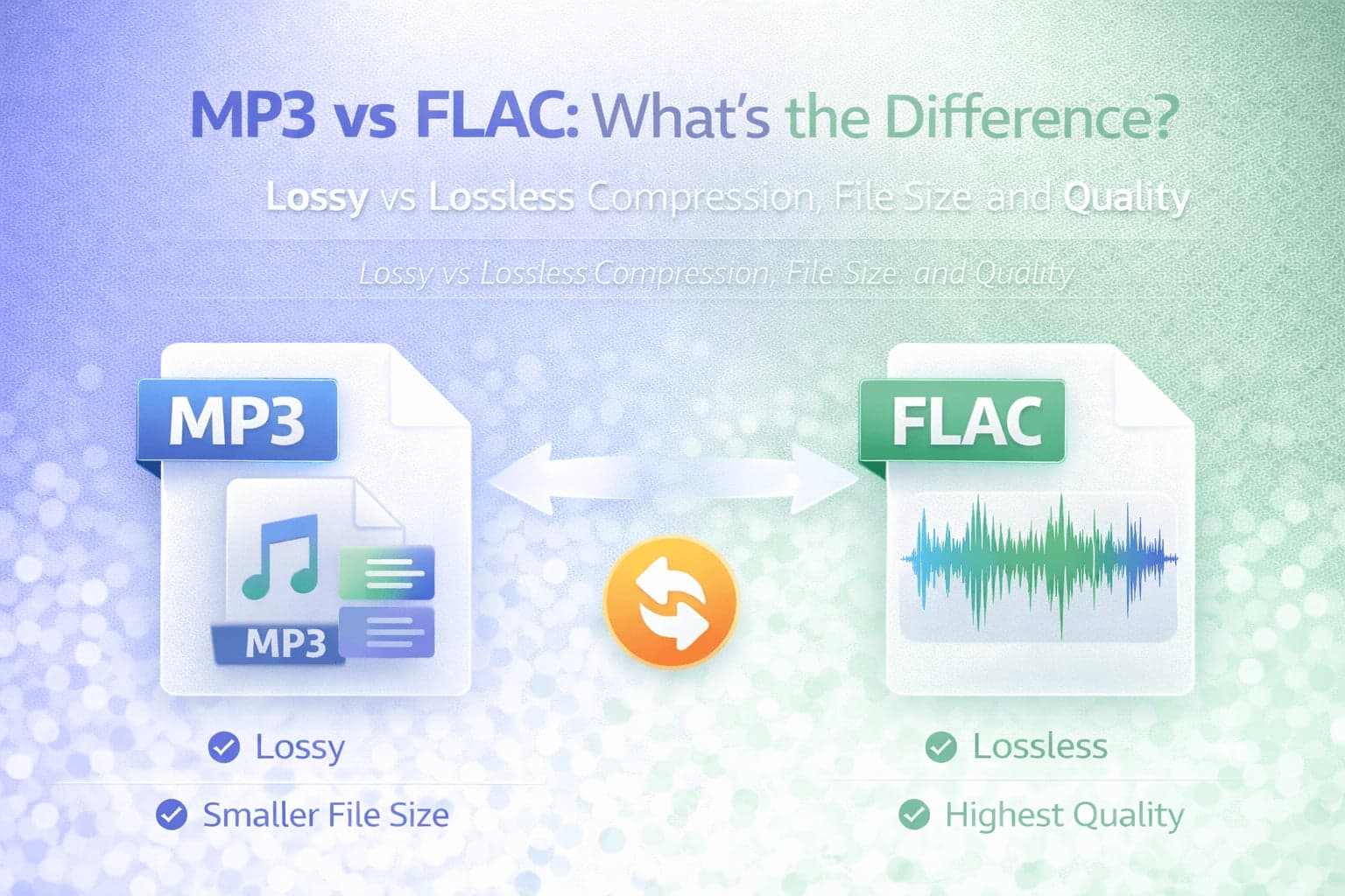 MP3 vs FLAC comparison banner highlighting lossy versus lossless audio formats and file size differences.