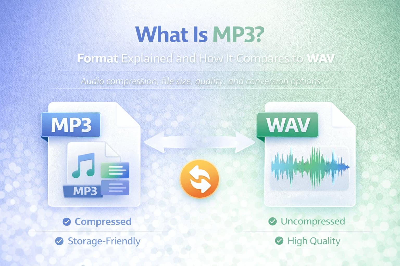 MP3 vs WAV comparison banner showing compressed versus uncompressed audio formats.