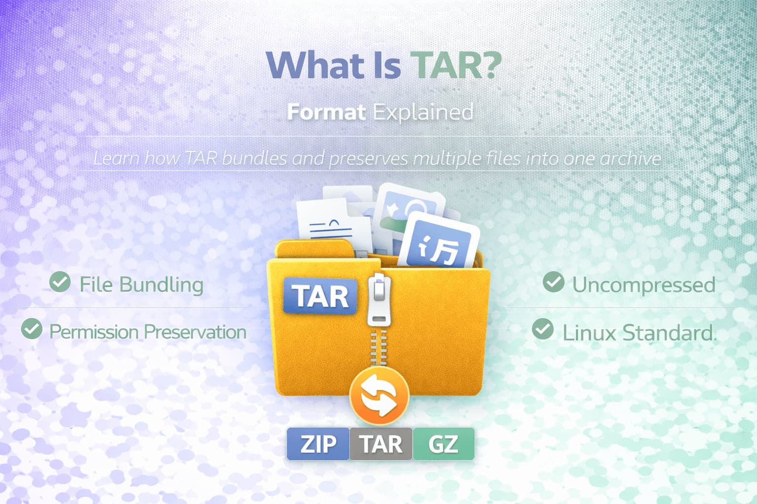 TAR archive format banner showing file bundling, permission preservation, and comparison with ZIP and GZ.
