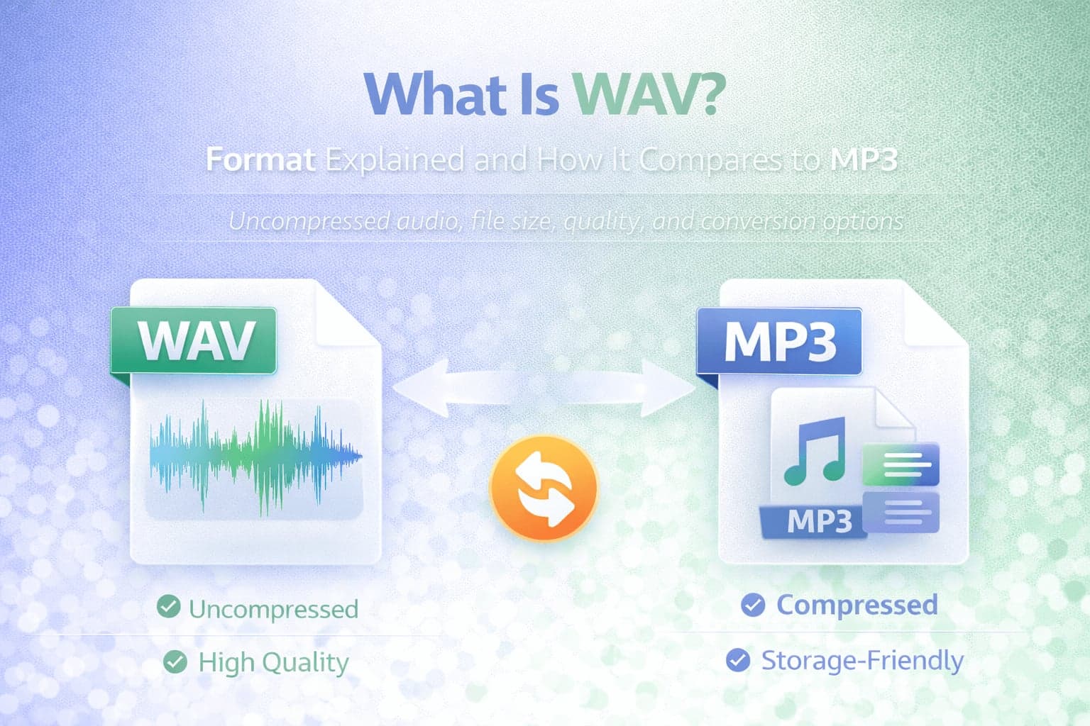WAV vs MP3 comparison banner showing uncompressed WAV audio and compressed MP3 format differences.