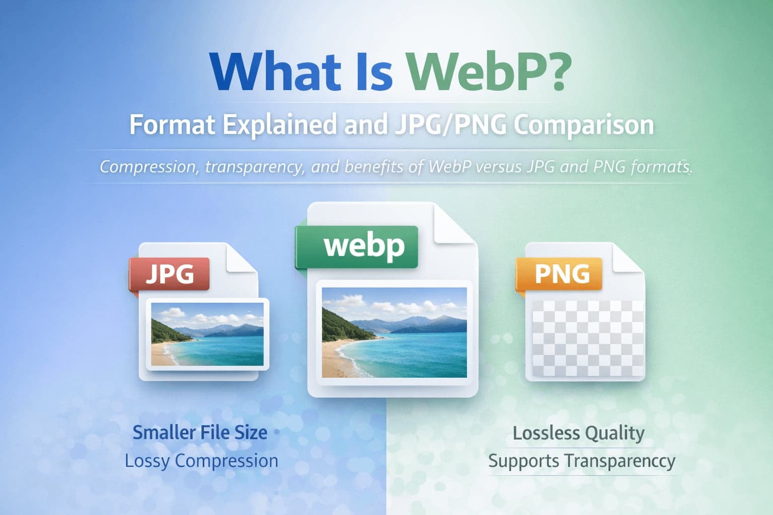What Is WebP? Format Explained and JPG/PNG Comparison banner showing compression and transparency differences.