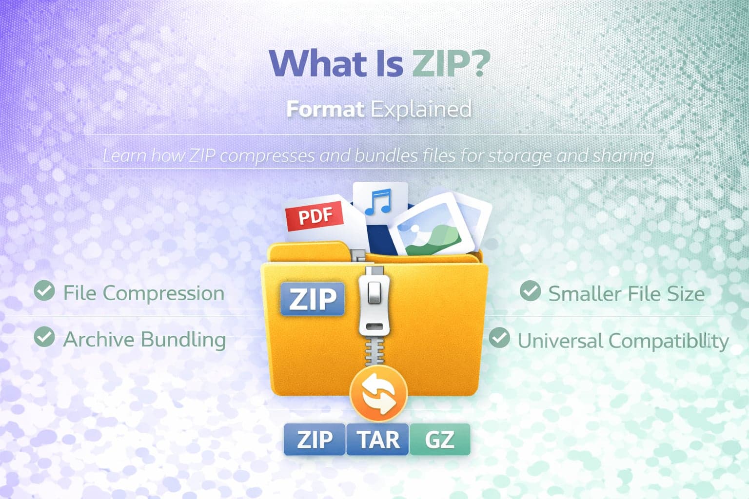 ZIP archive format banner showing file compression, archive bundling, and universal compatibility.