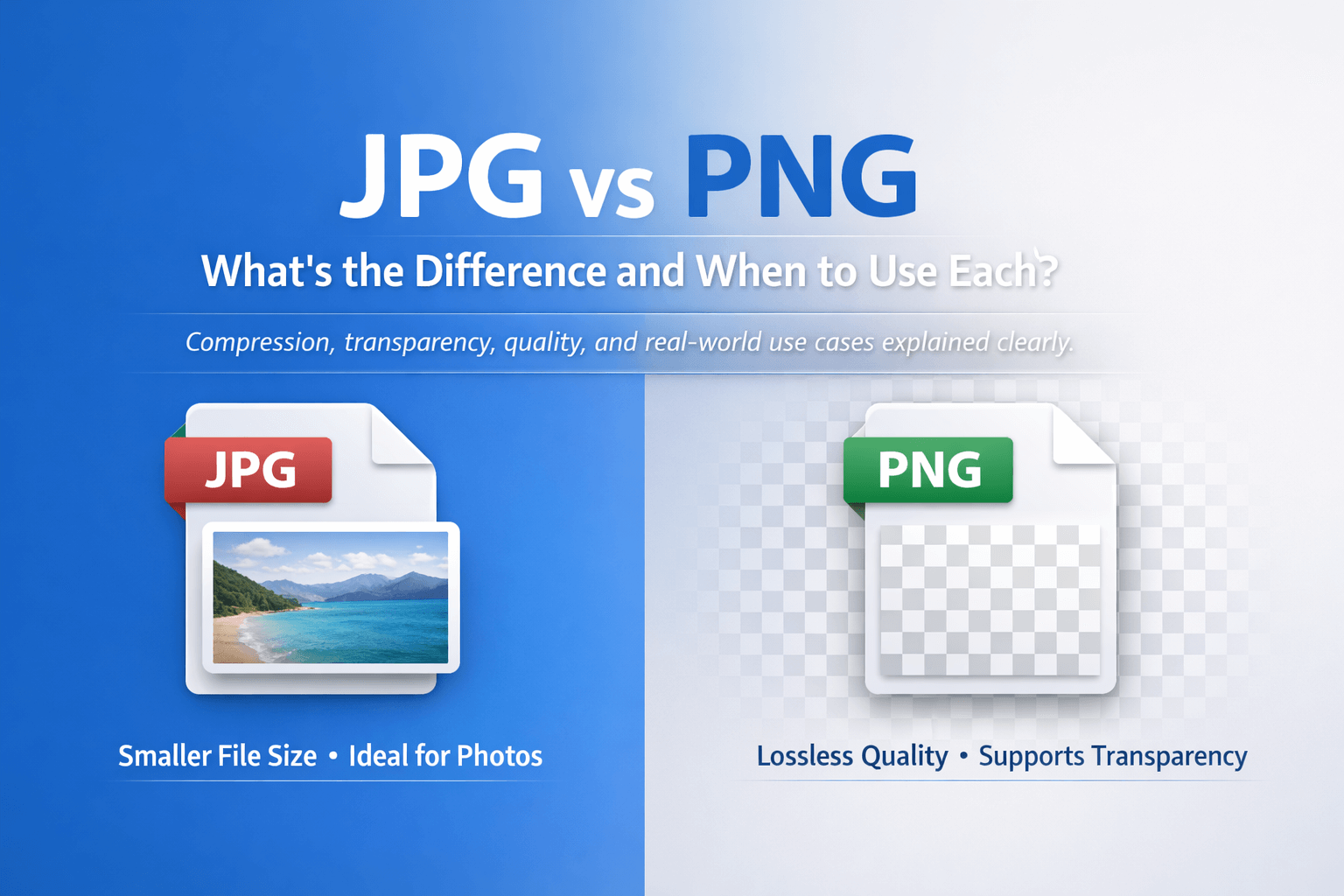 JPG vs PNG comparison banner showing differences in compression, quality and transparency.