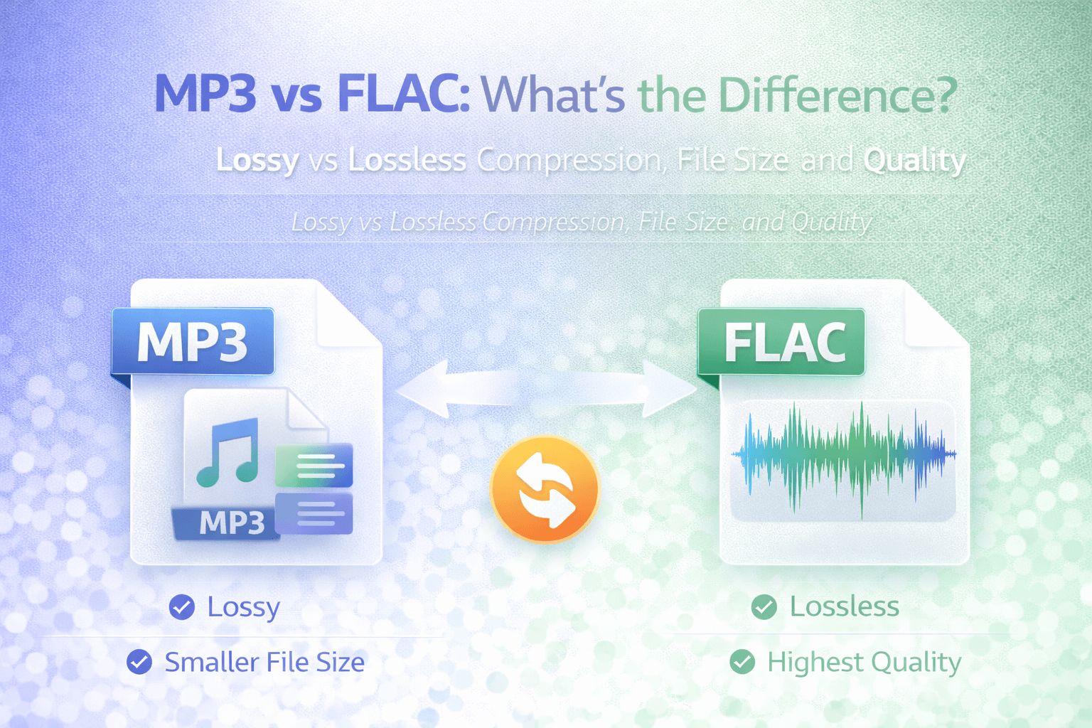 MP3 vs FLAC comparison banner highlighting lossy versus lossless audio formats and file size differences.