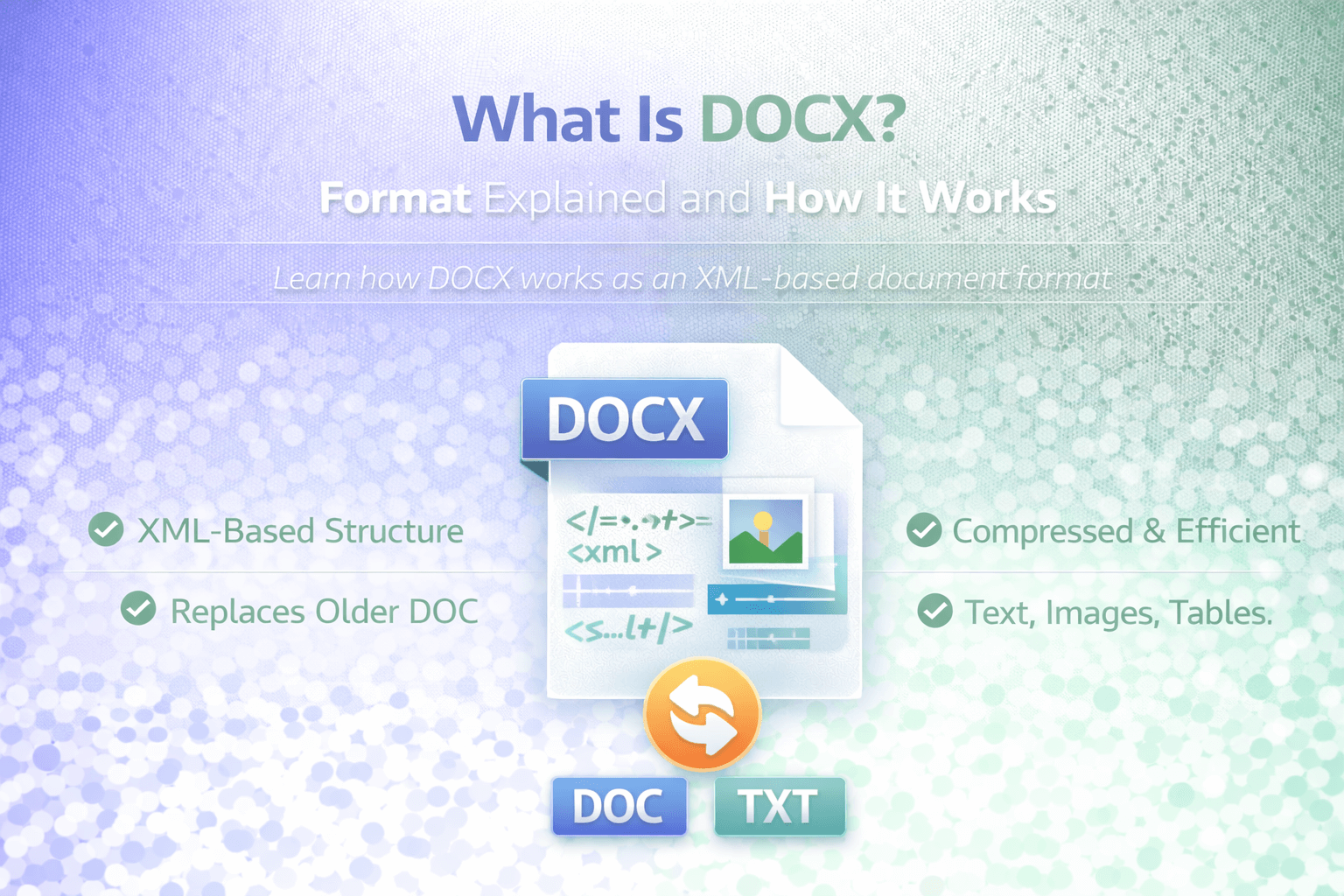 DOCX document format banner showing XML-based structure and modern word processing features.