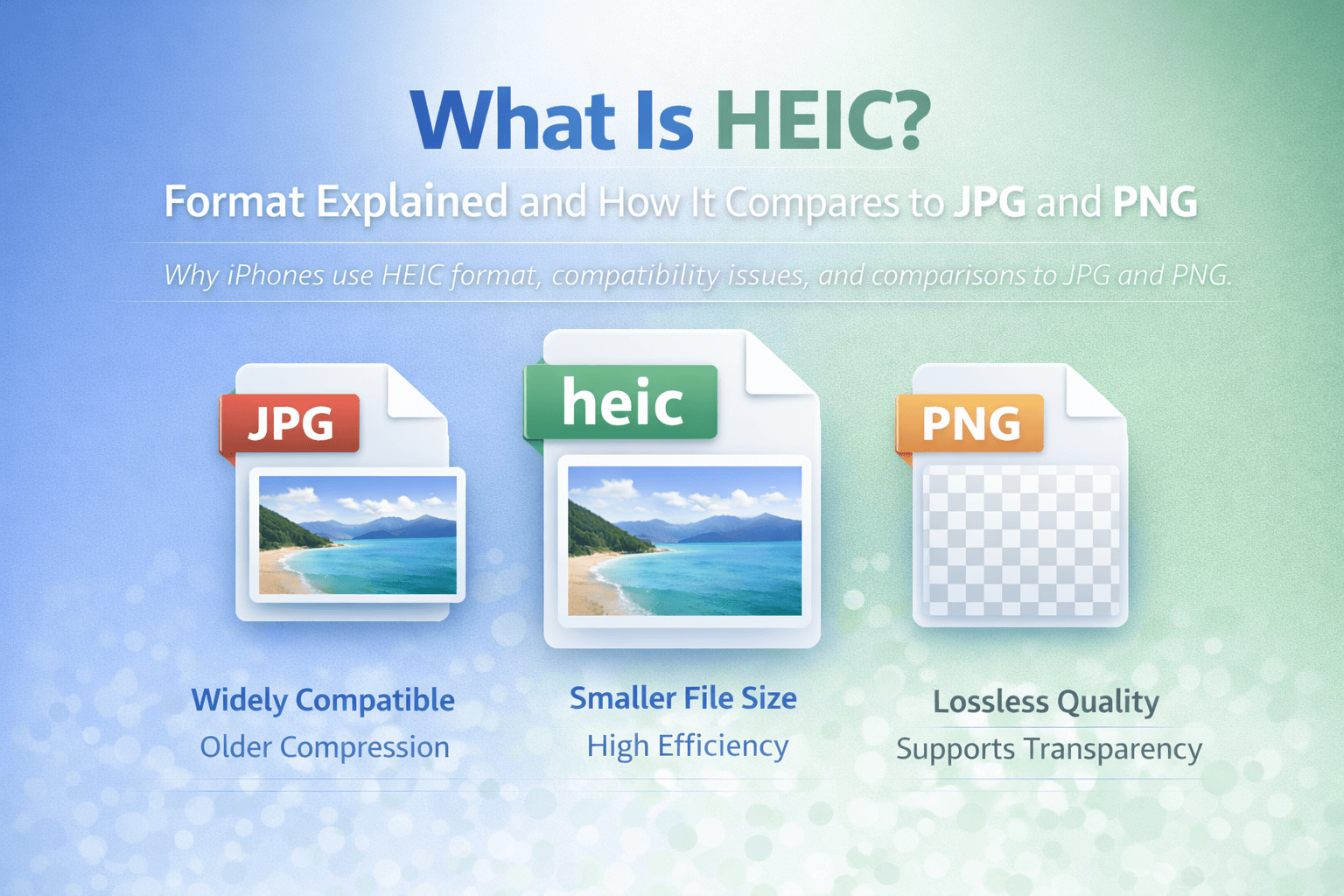HEIC image format comparison banner showing differences between HEIC, JPG and PNG including file size and compatibility.