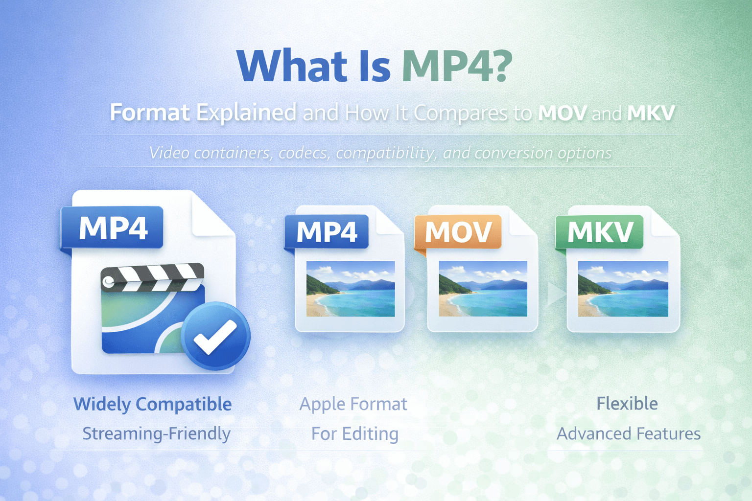 MP4 format explained banner comparing MP4 with MOV and MKV video containers.