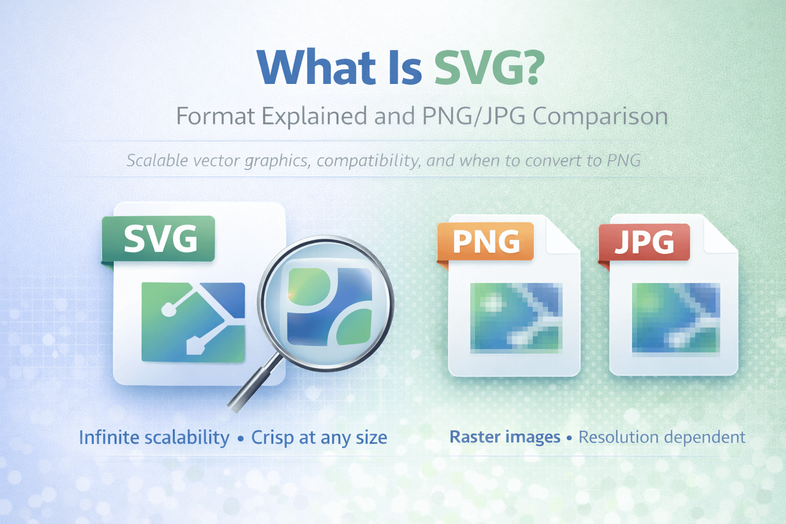 SVG format explained banner comparing scalable vector graphics with PNG and JPG raster images.