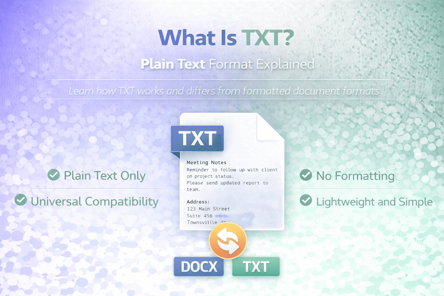 TXT plain text format banner highlighting simple unformatted text and universal compatibility.