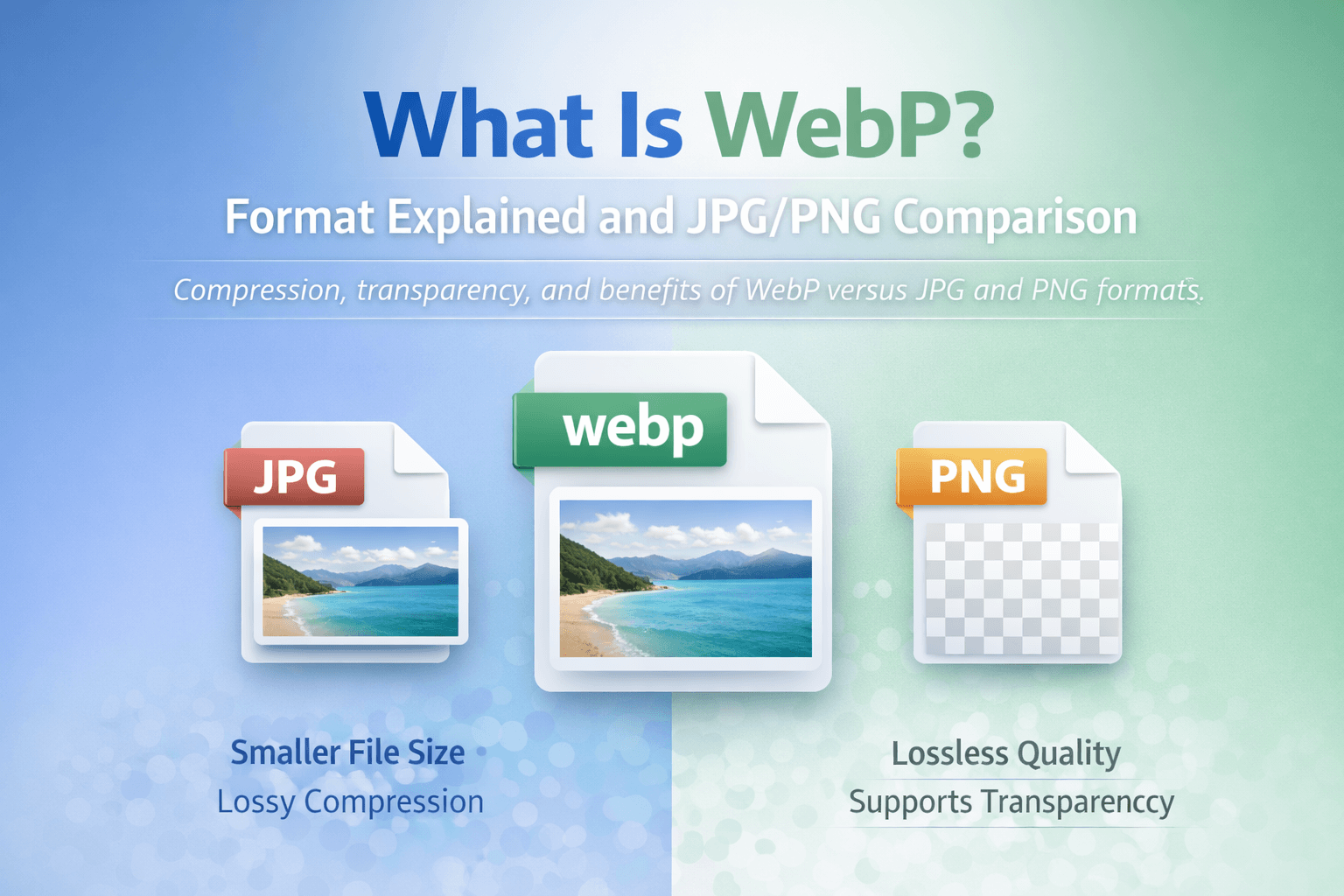 What Is WebP? Format Explained and JPG/PNG Comparison banner showing compression and transparency differences.
